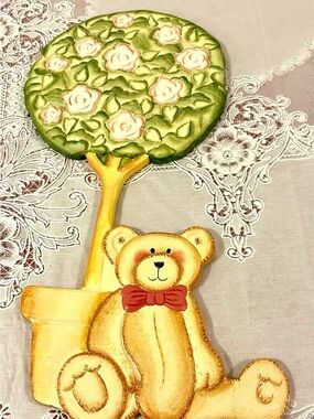 Vintage Home Interiors Whimsical Teddy Bear Wall Art with Floral Topiary 9.5x20